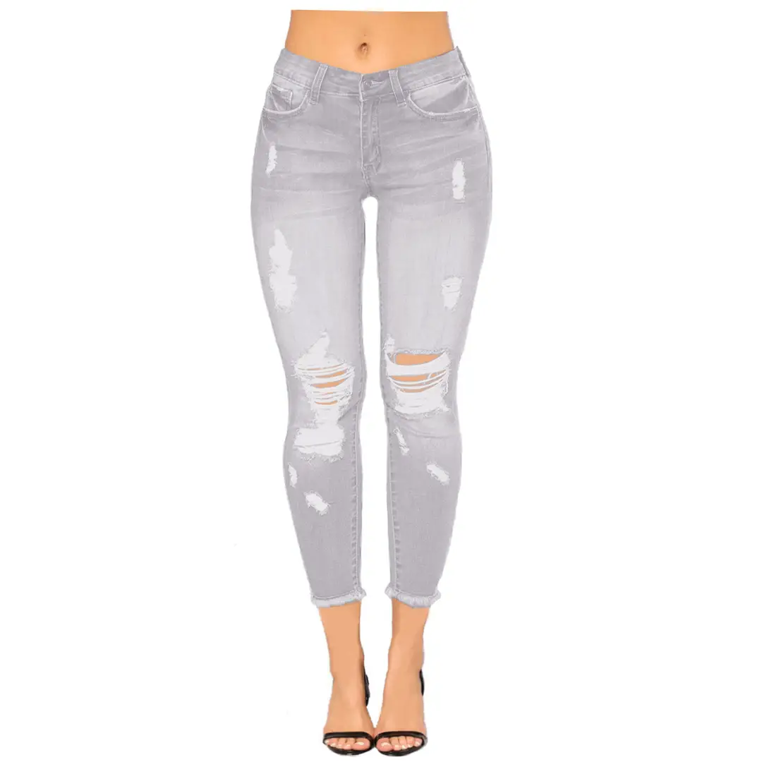Women Ripped Denim Pants Dark Blue Tight Fit - Image 4