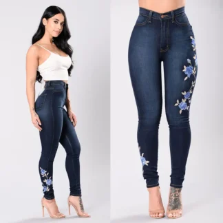Women Low Waist Embroidered Jeans Red