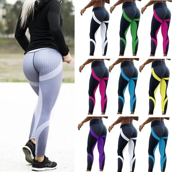 Women High Waist Geometric Honeycomb Yoga Leggings Black White - Image 2