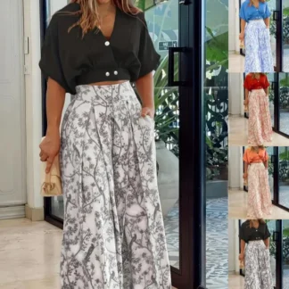 Wide Leg Printed Pants V Neck Top Set for Women