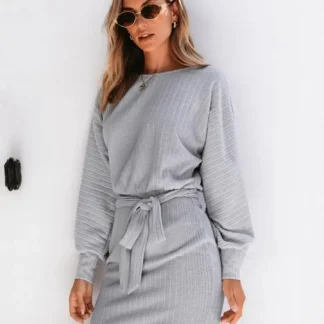 Long Sleeve Belted Wool Dress for Women Pakistan