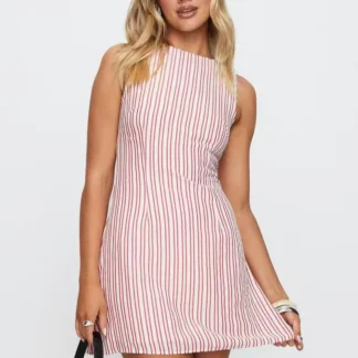 Striped Sleeveless Dress Pink White Slimming Fit