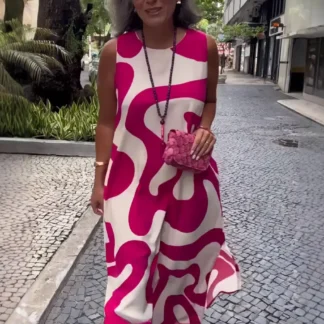 Sleeveless V-Neck Dress Pink White Abstract Print