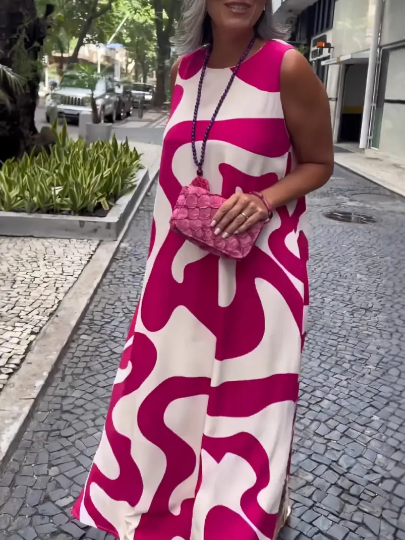 Sleeveless V-Neck Dress Pink White Abstract Print - Image 4