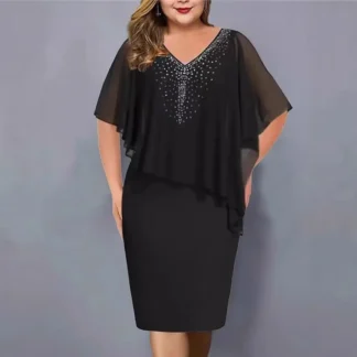 Black Plus Size V-Neck Dress with Sheer Sleeves