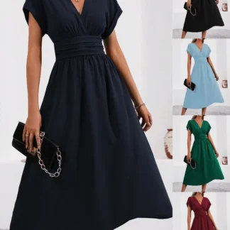 Elegant V-Neck Dress with Pleated Waist for Pakistani Summer Events