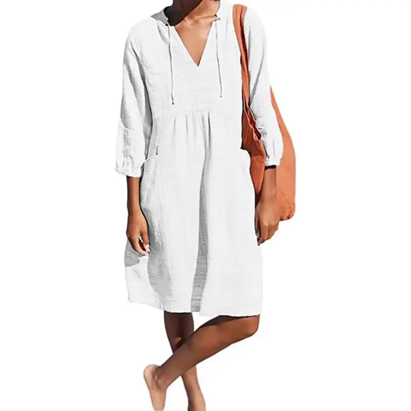 V-Neck Beach Dress Loose Fit Cotton White