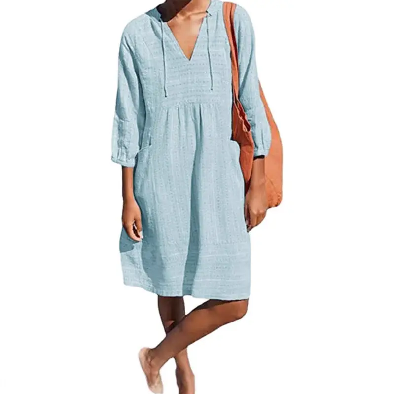 V-Neck Beach Dress Loose Fit Cotton White - Image 3