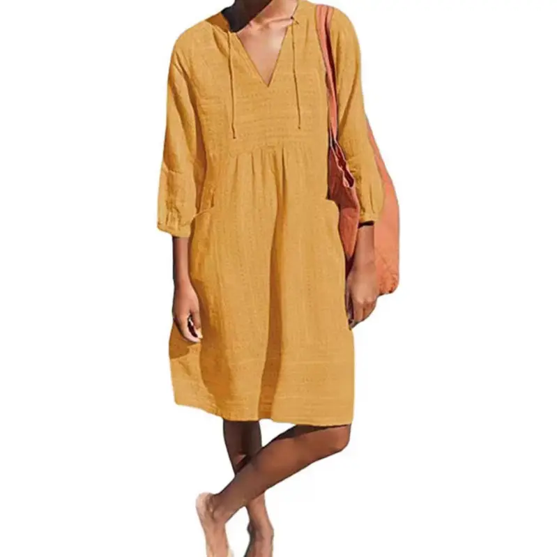 V-Neck Beach Dress Loose Fit Cotton White - Image 4