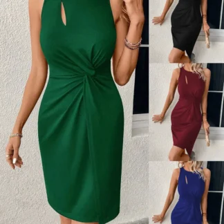 Sleeveless Hollow Neck Dress Green Black Burgundy Blue