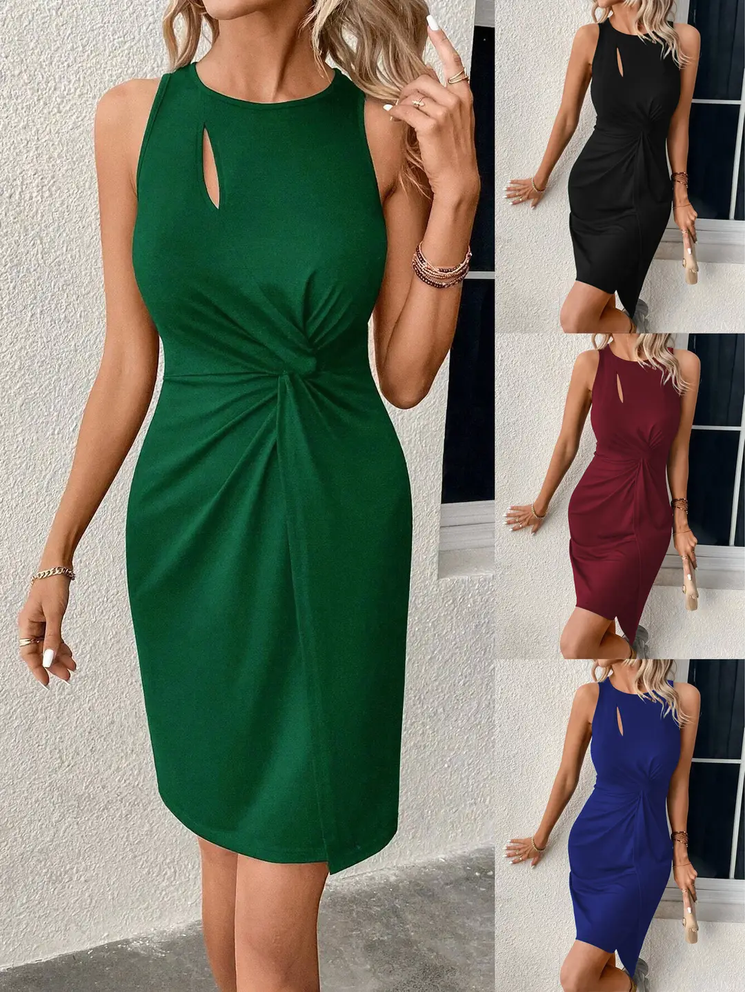 Sleeveless Hollow Neck Dress Green Black Burgundy Blue