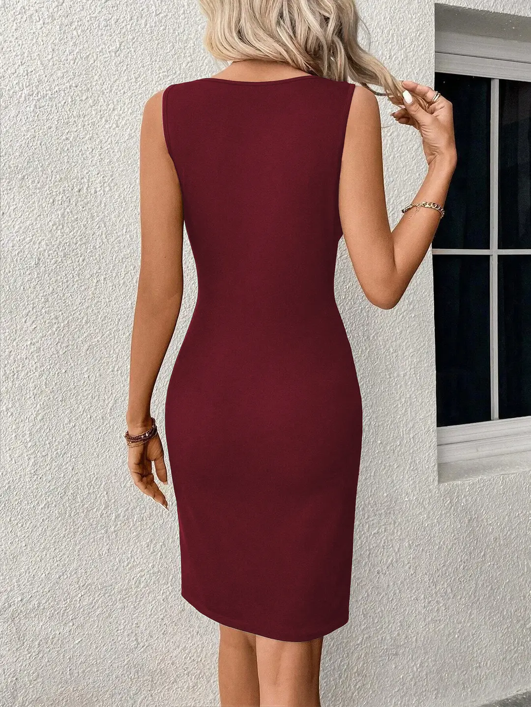 Sleeveless Hollow Neck Dress Green Black Burgundy Blue - Image 4