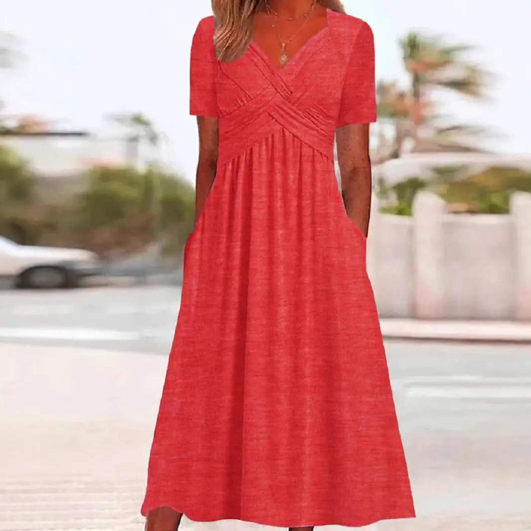 Green V-Neck A-Line Dress for Women Summer Wear - Image 3