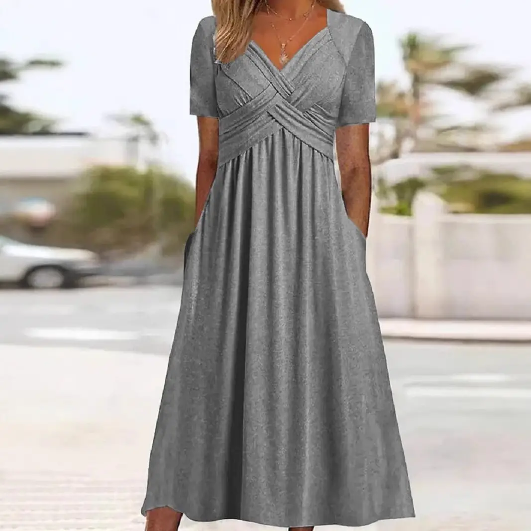 Green V-Neck A-Line Dress for Women Summer Wear - Image 4