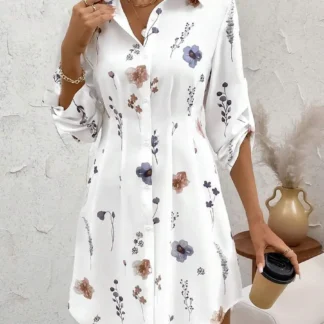 Women Floral Print Dress White Long Sleeve Button Down