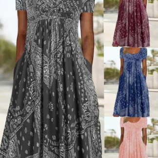Long Dress with Retro Print Mid Waist Pakistan Summer Wear