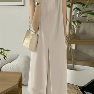 Sleeveless Cotton Linen Dress with Front Slit