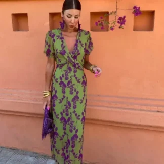 Green V-Neck Floral Dress for Women Summer Wear