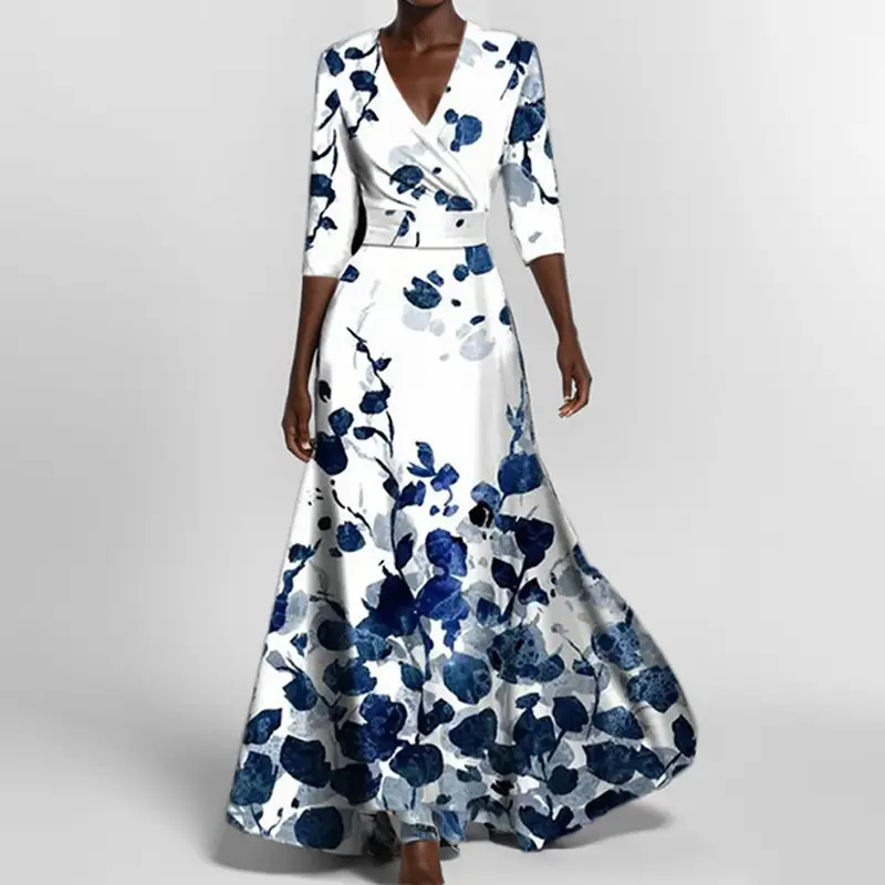 V-Neck Floral Print Wide Leg Dress Red Blue - Image 2