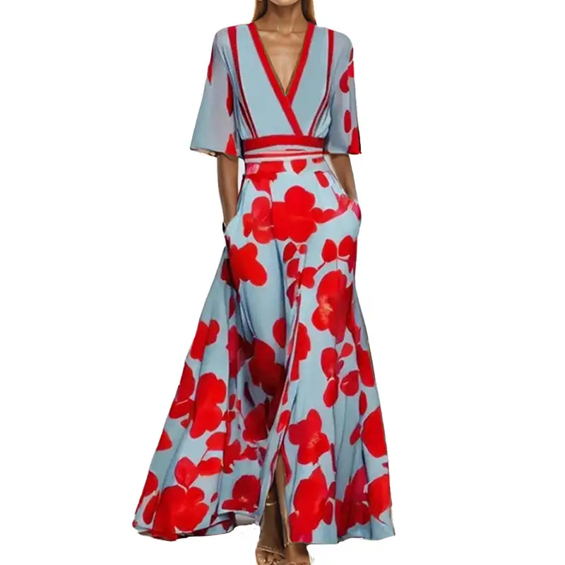 V-Neck Floral Print Wide Leg Dress Red Blue - Image 5