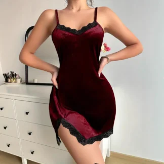 Burgundy Velvet Nightgown with Lace Trim