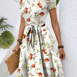 Women Floral Print Mid-Length Dress Summer White Short Sleeve
