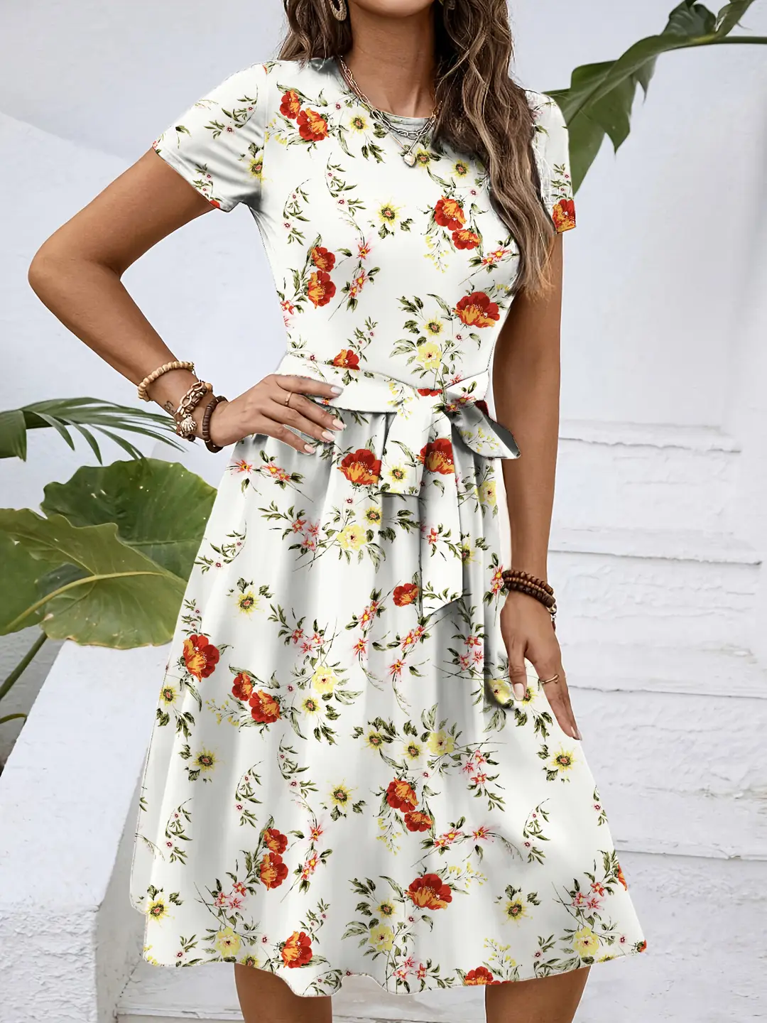 Women Floral Print Mid-Length Dress Summer White Short Sleeve - Image 3