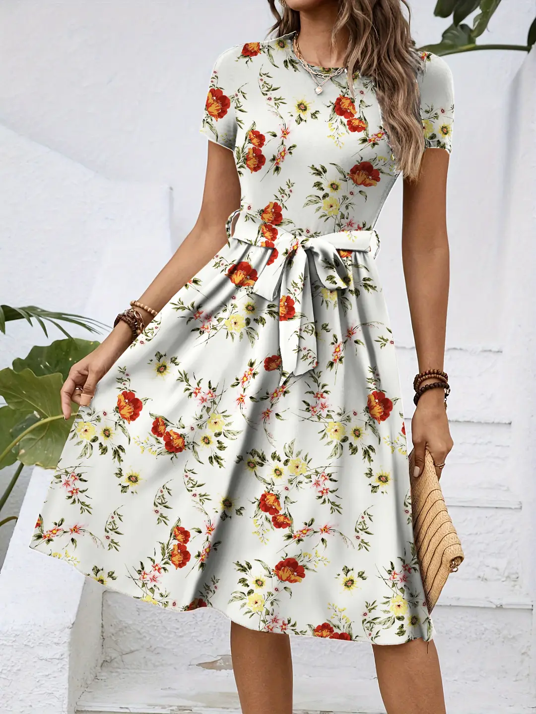 Women Floral Print Mid-Length Dress Summer White Short Sleeve - Image 4