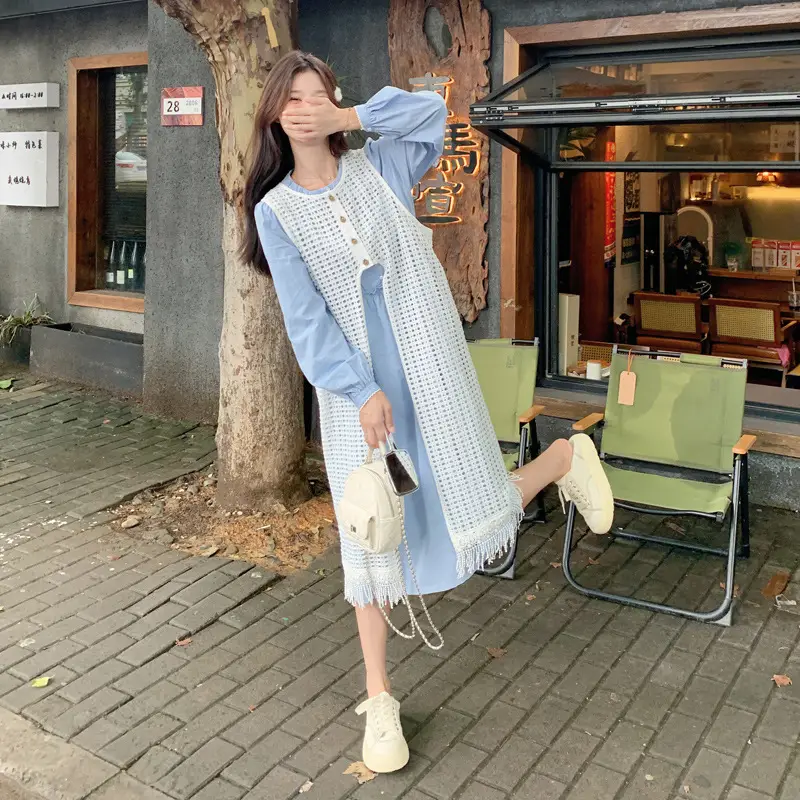 Women Light Blue Tassel Vest Dress Summer Wear