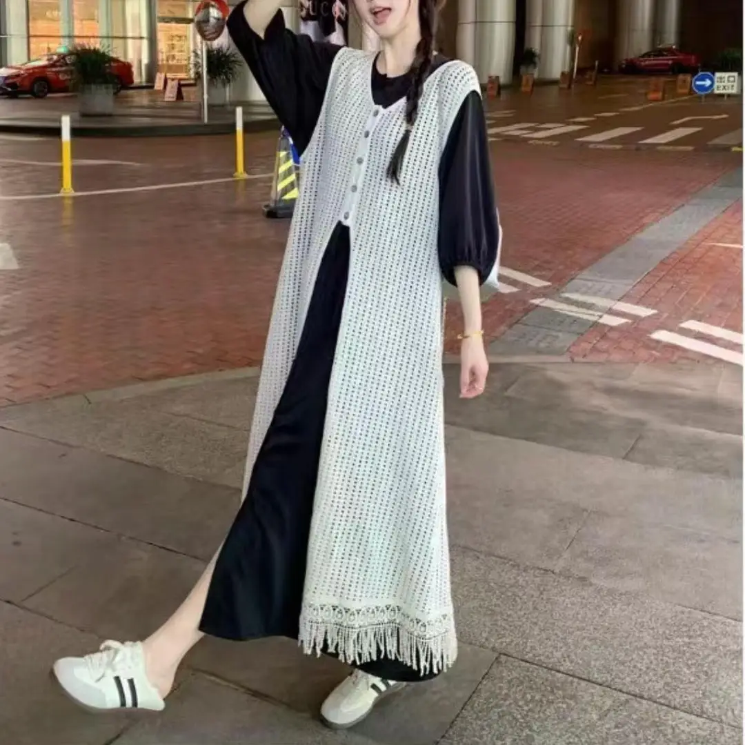 Women Light Blue Tassel Vest Dress Summer Wear - Image 2