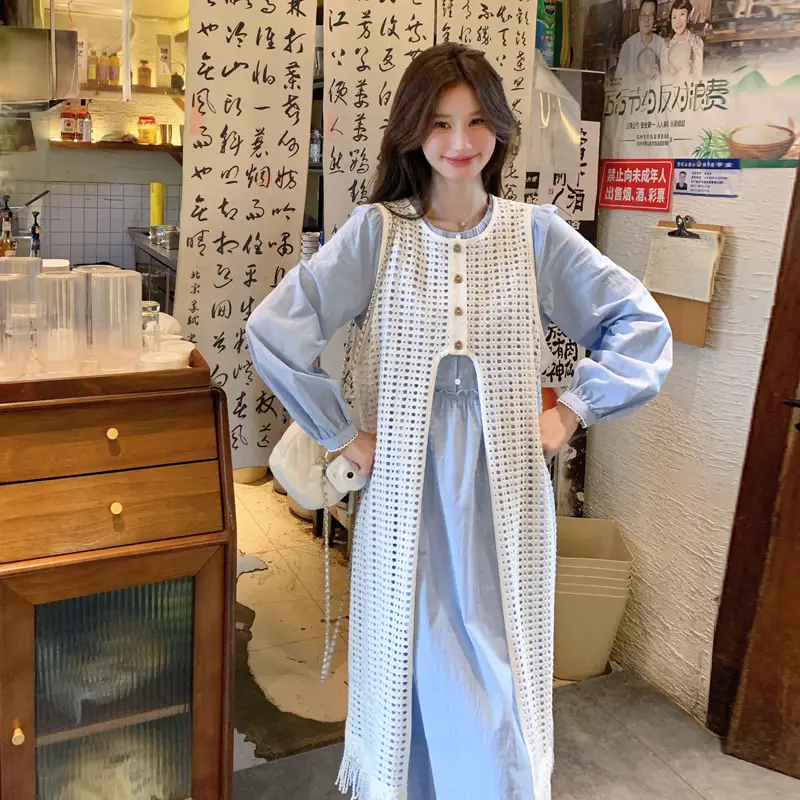 Women Light Blue Tassel Vest Dress Summer Wear - Image 3