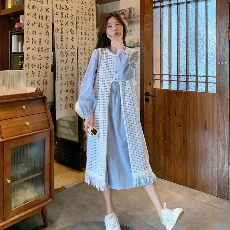Women Light Blue Tassel Vest Dress Summer Wear - Image 4