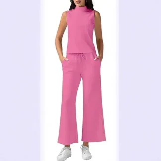 Sleeveless Pink High Neck Wide Leg Pants Set