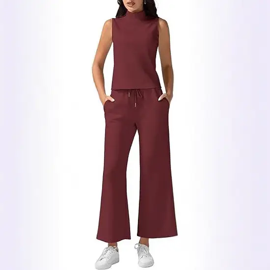 Sleeveless Pink High Neck Wide Leg Pants Set - Image 3