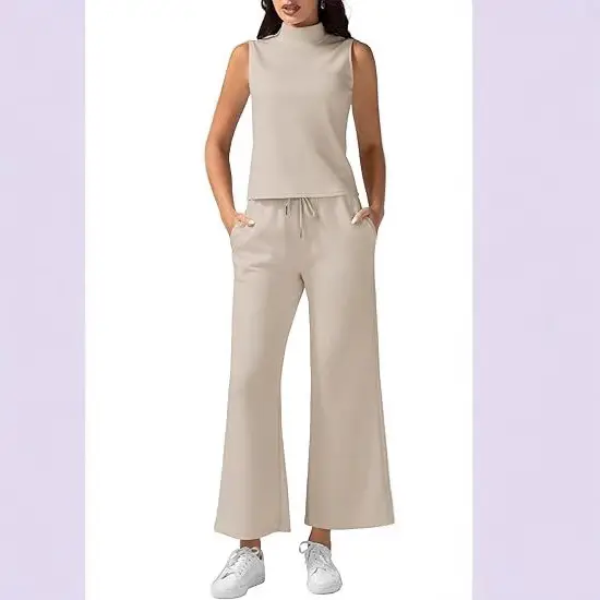 Sleeveless Pink High Neck Wide Leg Pants Set - Image 4