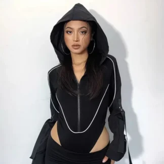 Black Hooded Hoodie for Women Slimming Waist High Waist