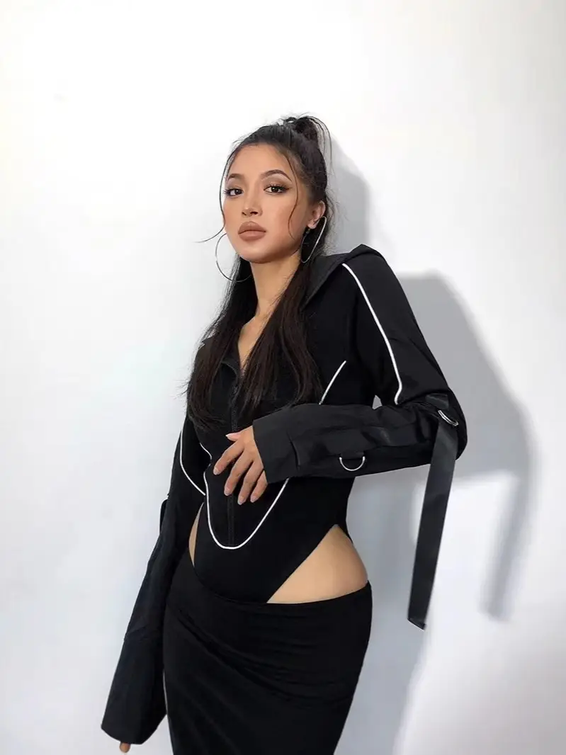 Black Hooded Hoodie for Women Slimming Waist High Waist - Image 3