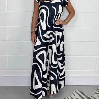 Black White Abstract Print Wide Leg Trousers for Women