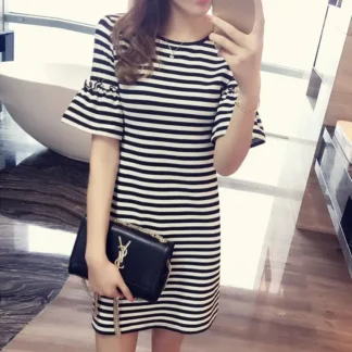 Women Striped Mid-Length Dress Black White Slim Fit