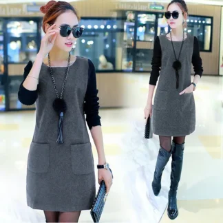 Winter Fleece Dress Plus Size Black Gray Korean Style