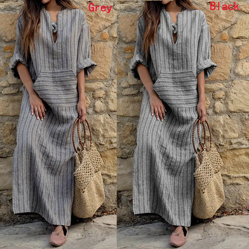 Grey Striped Long Dress for Plus Size Women