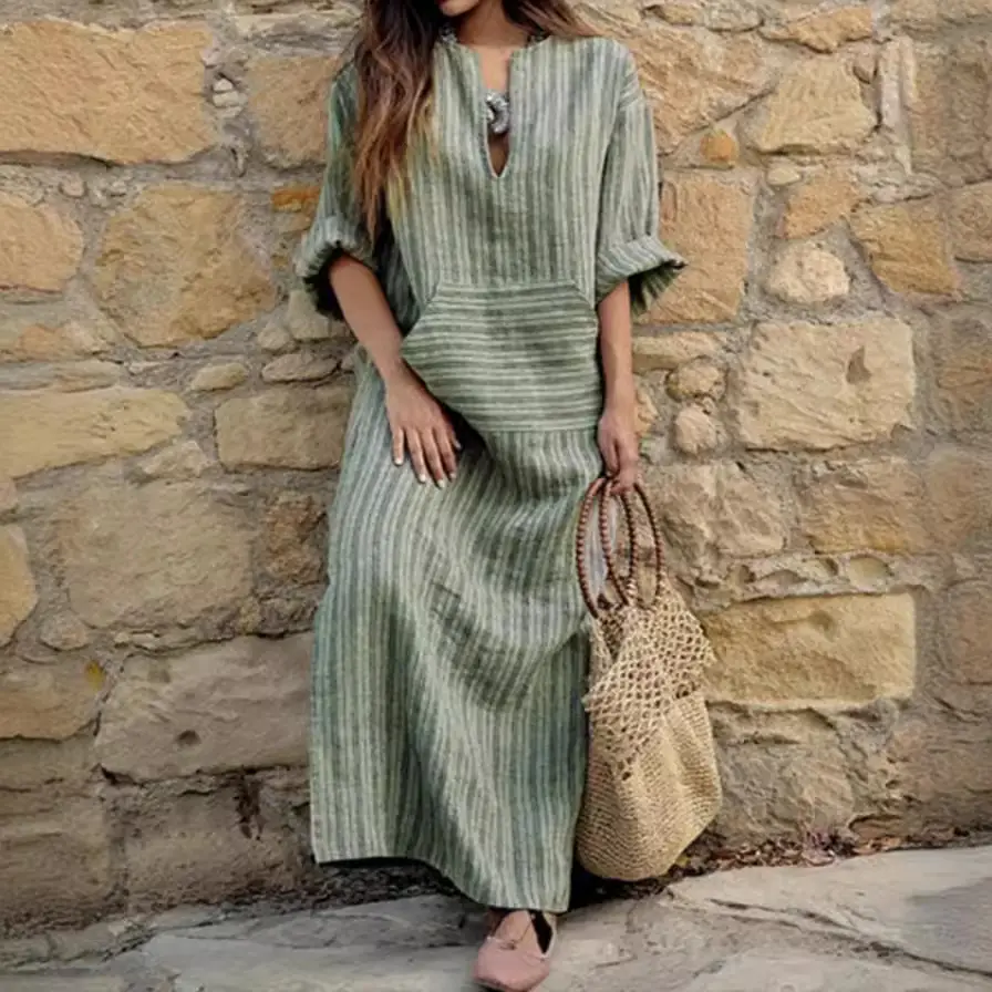 Grey Striped Long Dress for Plus Size Women - Image 2