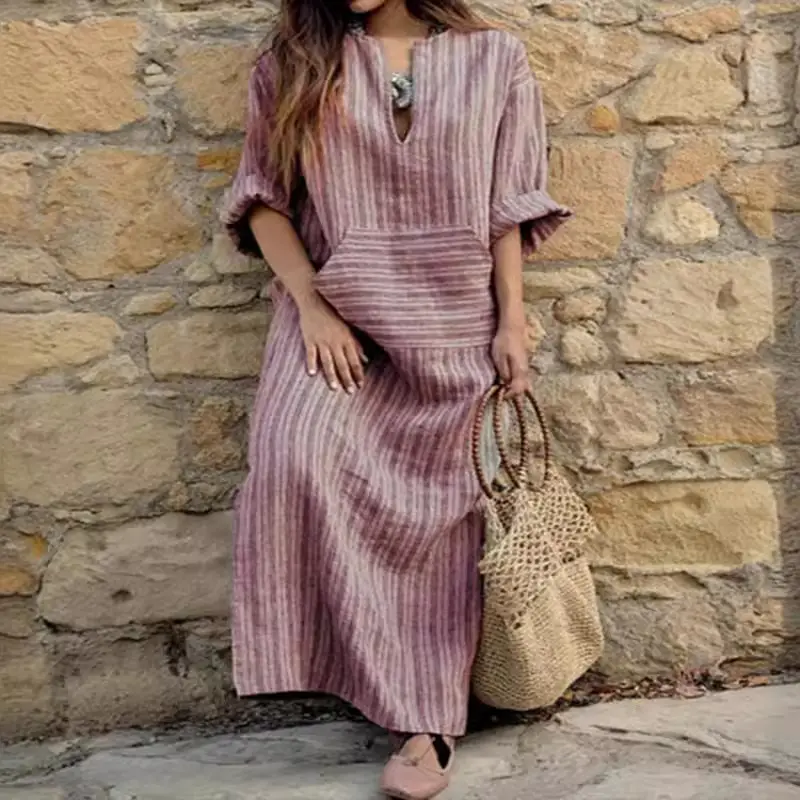 Grey Striped Long Dress for Plus Size Women - Image 3