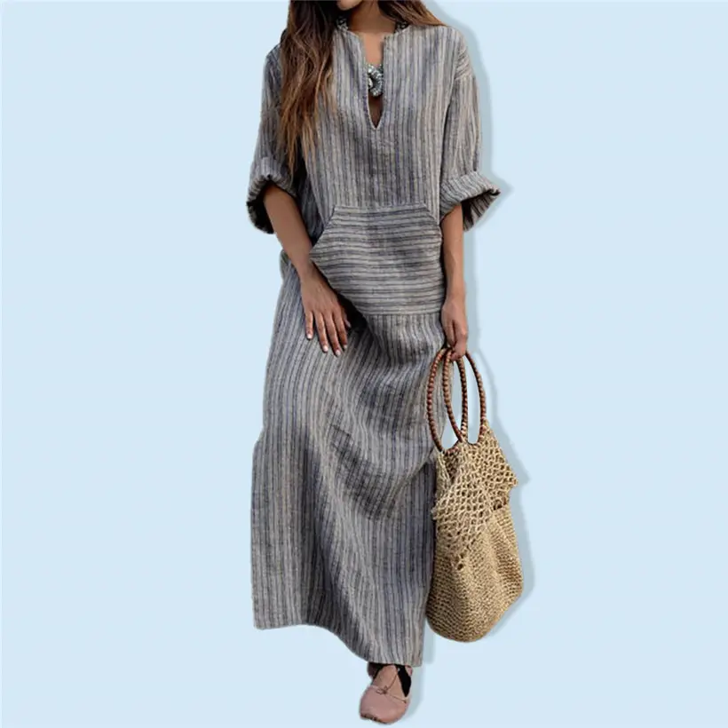 Grey Striped Long Dress for Plus Size Women - Image 4
