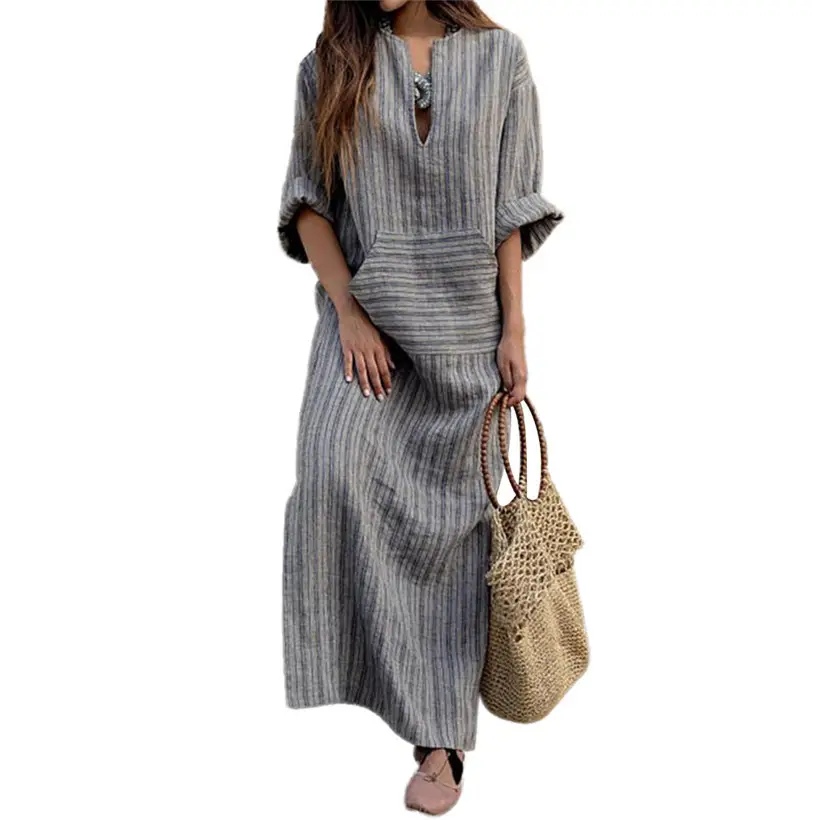 Grey Striped Long Dress for Plus Size Women - Image 5