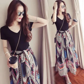 Women Summer V-Neck Boho Print Skirt Dress