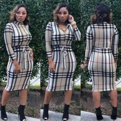 Plaid Slim Fit Belted Dress for Women