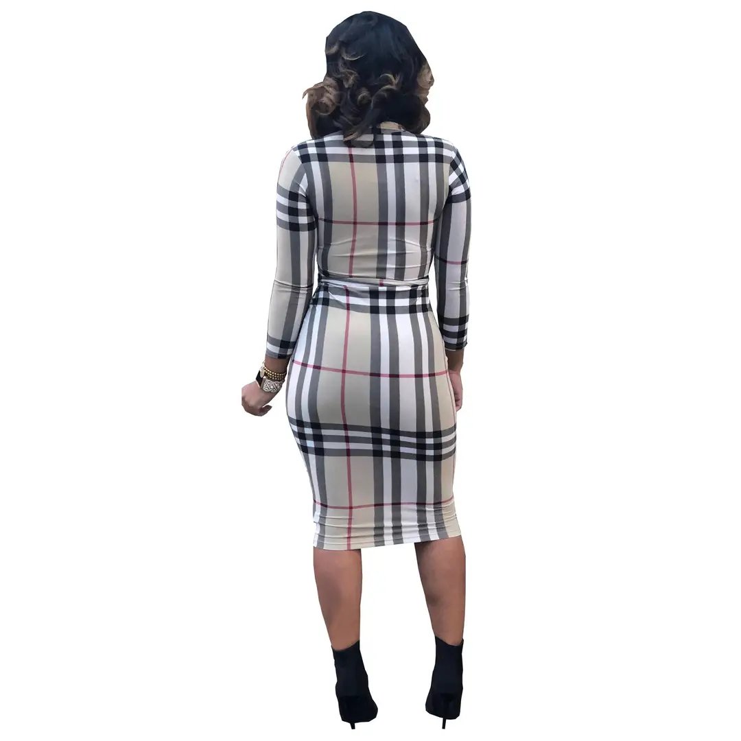 Plaid Slim Fit Belted Dress for Women - Image 5