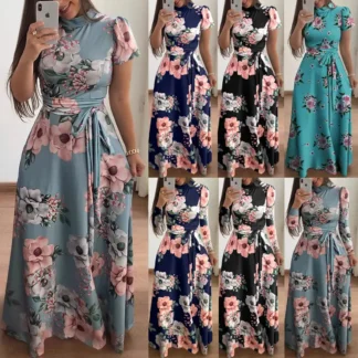Elegant Floral Gown Dress for Women with Tie Waist & Multiple Colors