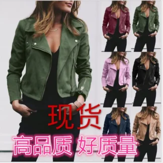 Women Leather Jacket Green Oblique Zipper Casual Wear
